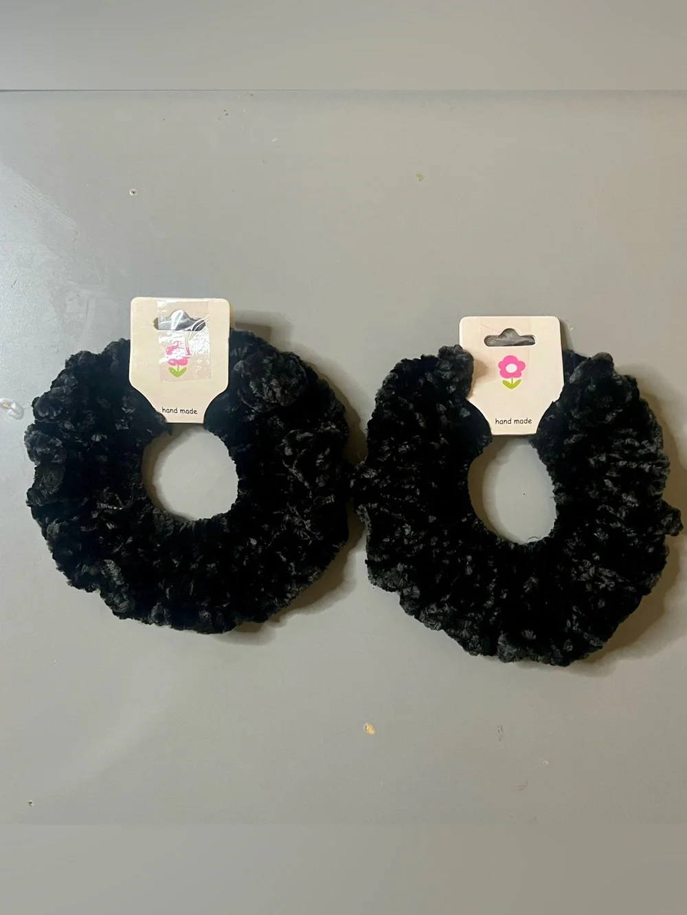 Set of 2 Black Velvet Crochet Scrunchies Handmade NWT Chenille Hair Ties